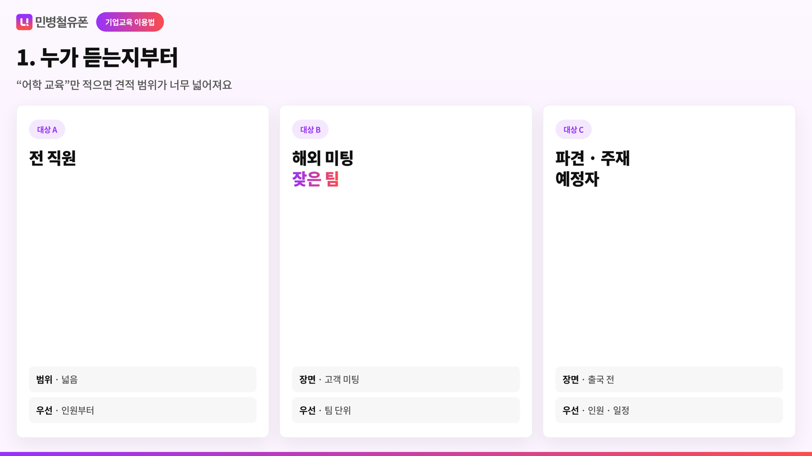 누가 듣는지 — 전 직원·미팅 팀·파견·주재 예정자