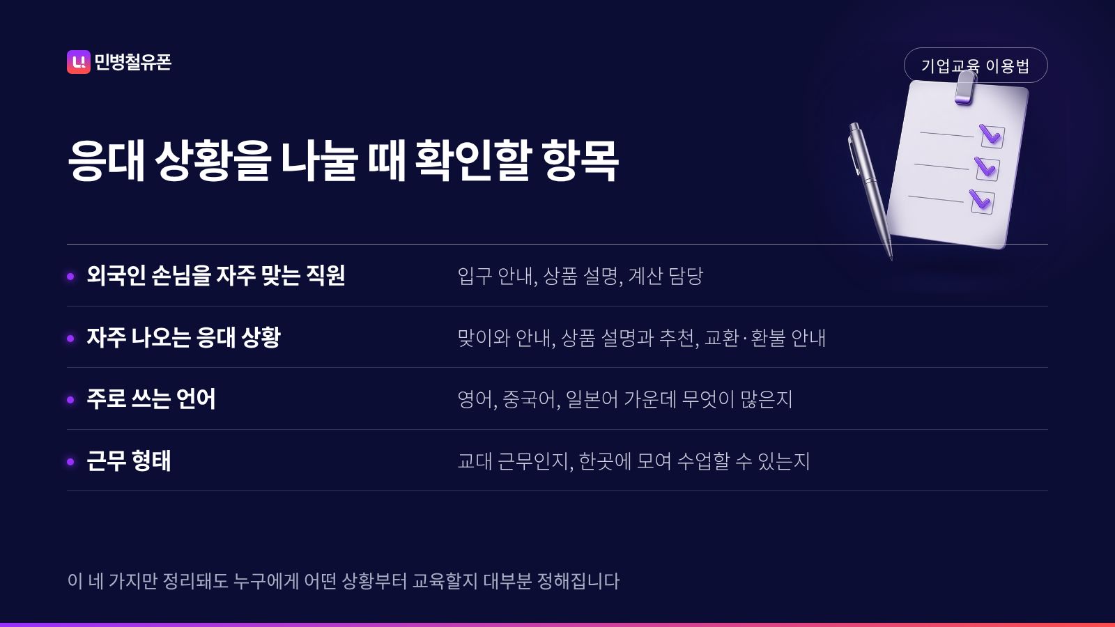 응대 직원, 응대 상황, 언어, 근무 형태 네 가지를 정리하는 확인표
