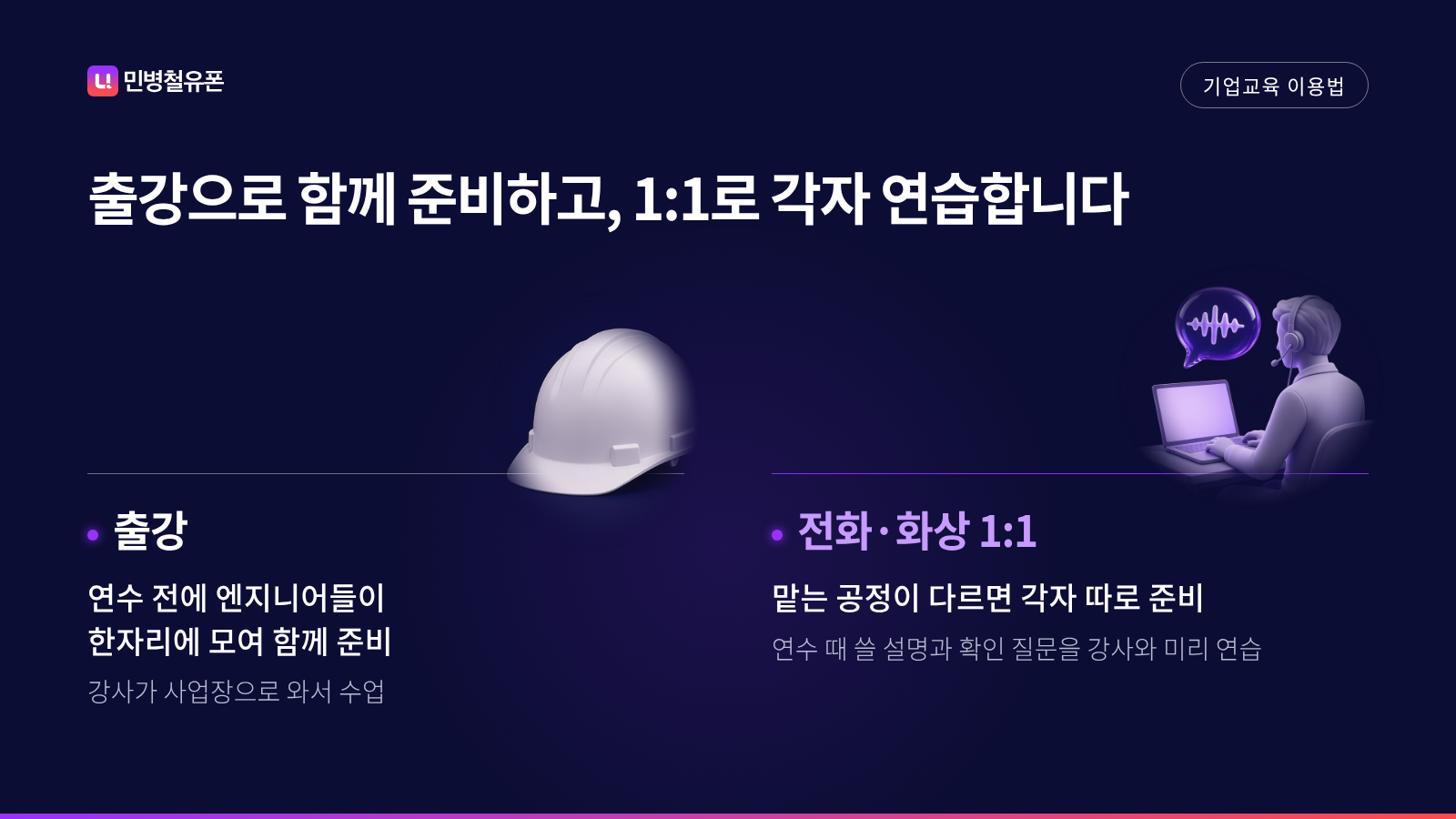 출강으로 함께 준비하고 전화·화상 1:1로 각자 연습하는 방법 카드