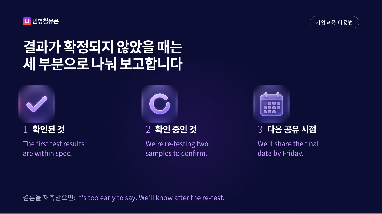 확정되지 않은 결과를 확인된 것, 확인 중인 것, 다음 공유 시점으로 나눠 보고하는 영어 예문 카드
