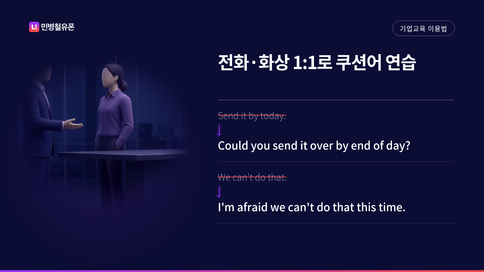 재촉·거절·반대 의견 상황으로 영어 쿠션어를 연습하는 전화·화상 1:1